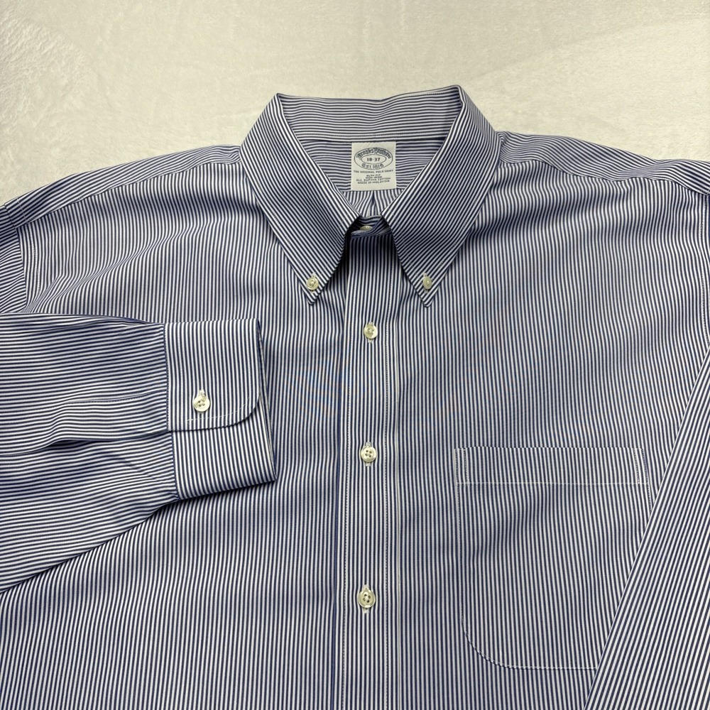 Brooks Brothers Dress Shirt Mens 18/37 Non-Iron Supima Cotton Slim Blue Stripe